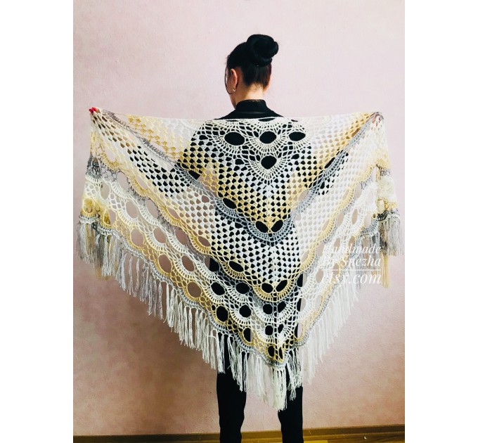  Crochet Shawl Wraps With Fringe Yellow Shawl Best Friend Gift Caregiver Appreciation Gray Acrylic Wool Shawl Easter Shawl Mom Gift, Grandma  Shawl / Wraps  1