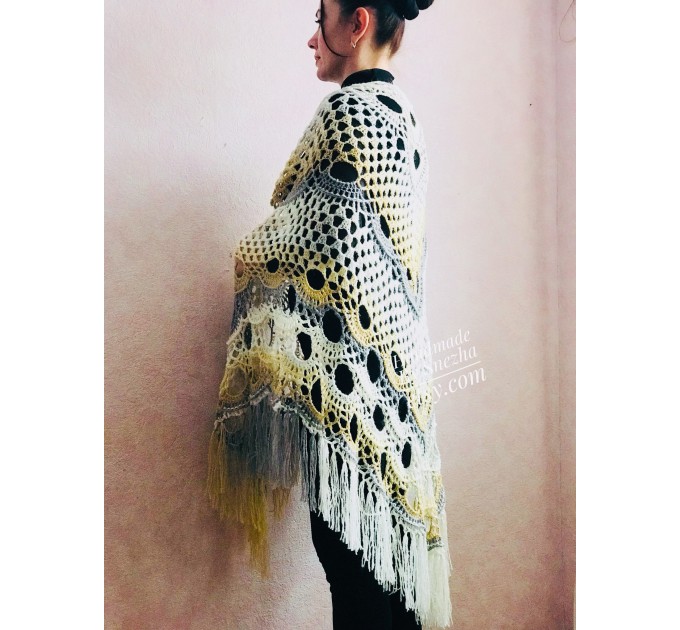  Crochet Shawl Wraps With Fringe Yellow Shawl Best Friend Gift Caregiver Appreciation Gray Acrylic Wool Shawl Easter Shawl Mom Gift, Grandma  Shawl / Wraps  3