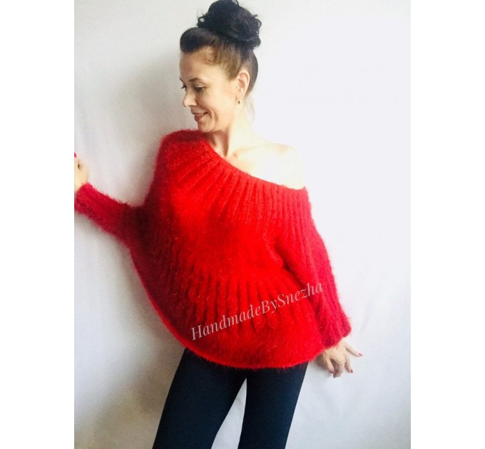  Red Fuzzy pullover Black Mohair Sweater Poncho Women Plus Size off shoulder sexy white poncho Oversized navy blue hand knit Sweater Chunky  Sweater  2