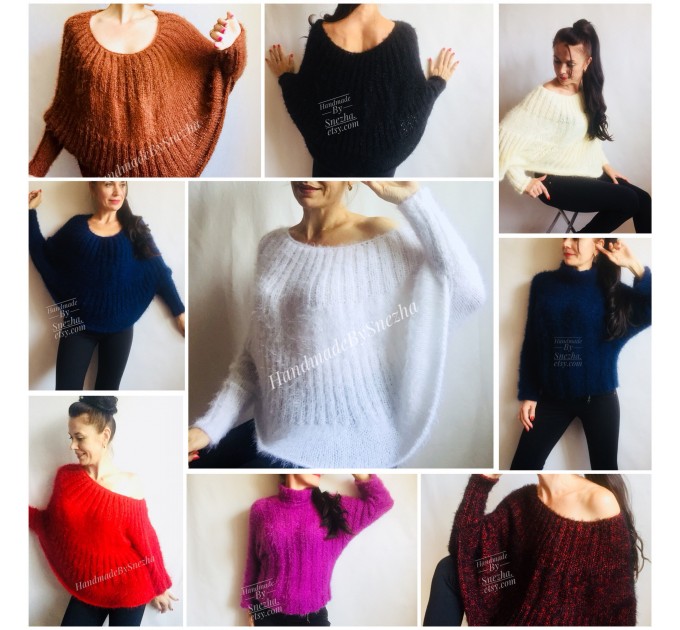  Red Fuzzy pullover Black Mohair Sweater Poncho Women Plus Size off shoulder sexy white poncho Oversized navy blue hand knit Sweater Chunky  Sweater  3