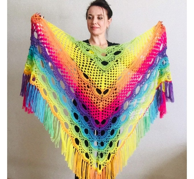  Crochet Shawl Rainbow Wraps Fringe GIFT brooch Mohair Triangular Scarf Colorful Knit Wool Multicolor pashmina Shawl Lace Warm Boho Evening  Shawl / Wraps  
