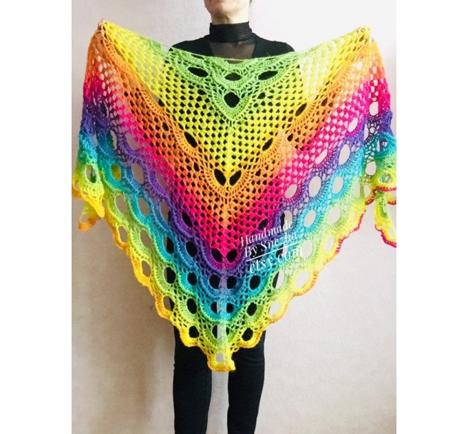  Crochet Shawl Rainbow Wraps Fringe GIFT brooch Mohair Triangular Scarf Colorful Knit Wool Multicolor pashmina Shawl Lace Warm Boho Evening  Shawl / Wraps  6