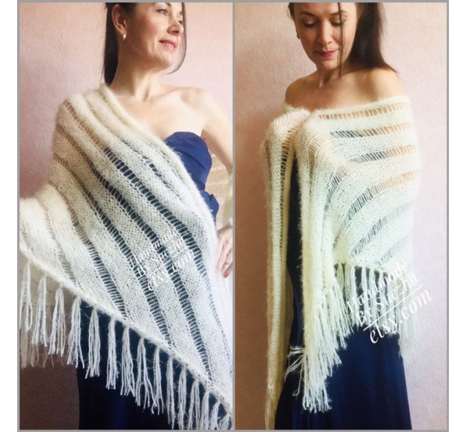  Wedding Shawl, Winter wedding, Bridal shawl, Bridesmaid Wrap, Cover up Ivory Wedding Shawl Fuzzy triangle shawl fringe knitted Scarf women  Wedding  3