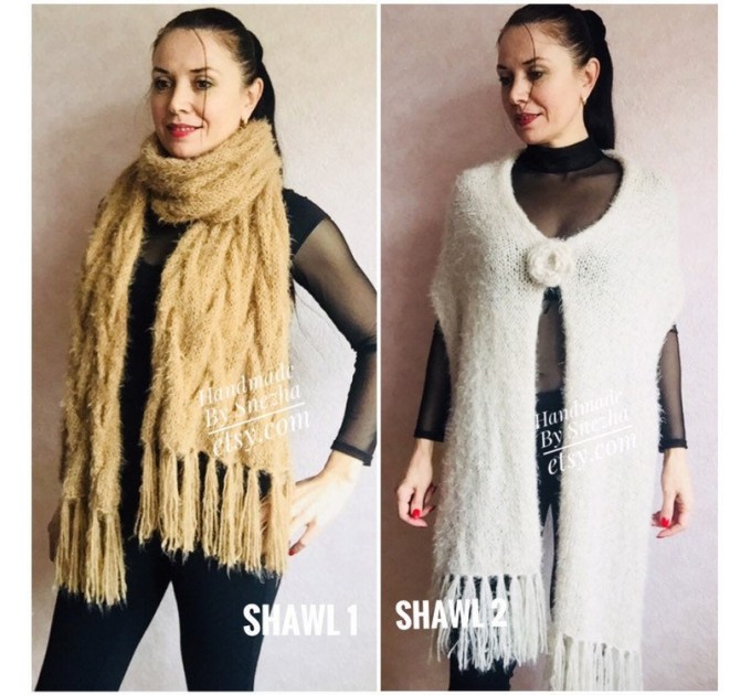  Wedding Shawl, Winter wedding, Bridal shawl, Bridesmaid Wrap, Cover up Ivory Wedding Shawl Fuzzy triangle shawl fringe knitted Scarf women  Wedding  5