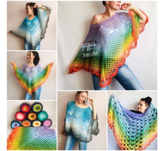  Crochet Poncho Women Big Size Vintage Shawl Plus Size White beach swimsuit cover up Cotton Knit Boho Hippie Gift-for-Her Bohemian Rainbow  Poncho  6