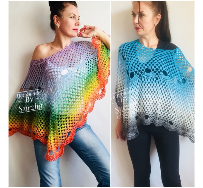 Crochet Poncho Shawl Women Rainbow Cotton Knit Boho Hippie Gift for Her Bohemian Vibrant Colors Boat Neck Boho Rainbow Cape Poncho