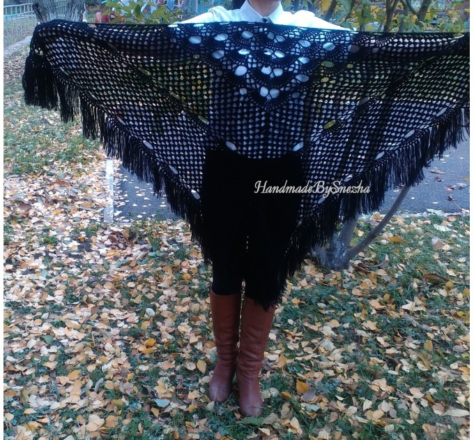  Black Shawl Crochet Mohair Wraps Triangle Fringe Big Size Shawl Hand knit Lace Mohair shawl Gifts for wife Bridal Triangle Bohemian shawl  Shawl / Wraps  