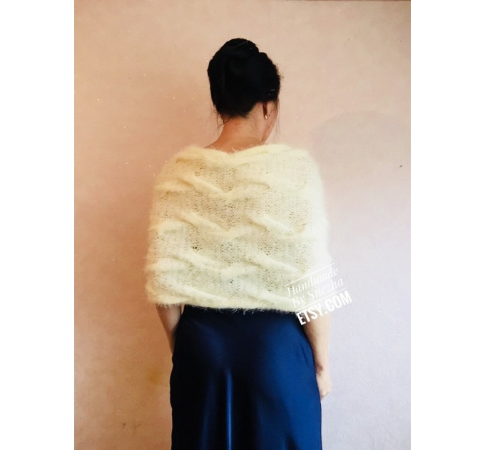  Bridesmaid shawl Winter Wedding Beige crochet wrap Bridal Bolero gift for her Ivory knit Shrug Cape White cover up Gray Fuzzy Capelet Blue  Wedding  8