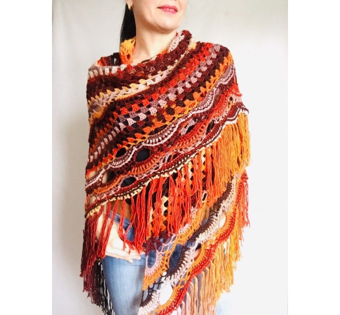  Crochet Shawl Wrap Burnt Orange Triangle Boho Shawl Colorful Rainbow Shawl Fringe Big Multicolor Lace Shawl Hand Knitted Shawl Evening Shawl  Shawl / Wraps  2