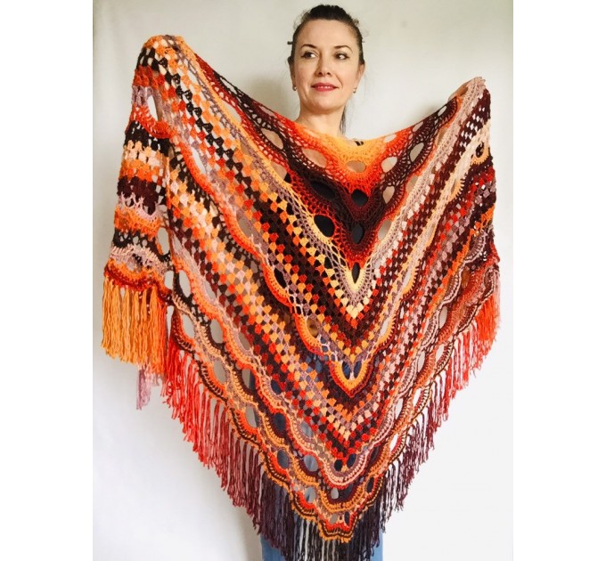  Crochet Shawl Wrap Burnt Orange Triangle Boho Shawl Colorful Rainbow Shawl Fringe Big Multicolor Lace Shawl Hand Knitted Shawl Evening Shawl  Shawl / Wraps  3