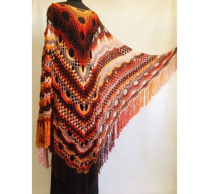  Crochet Shawl Wrap Burnt Orange Triangle Boho Shawl Colorful Rainbow Shawl Fringe Big Multicolor Lace Shawl Hand Knitted Shawl Evening Shawl  Shawl / Wraps  6