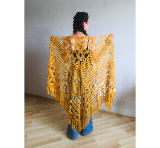  Mustard Crochet Shawl Wraps Triangle Fringe 50 COLORS Granny Shawl Long Handknit Woman Bohemian Festi Hand Knit Large Mohair Oversize Cape  Shawl / Wraps  2