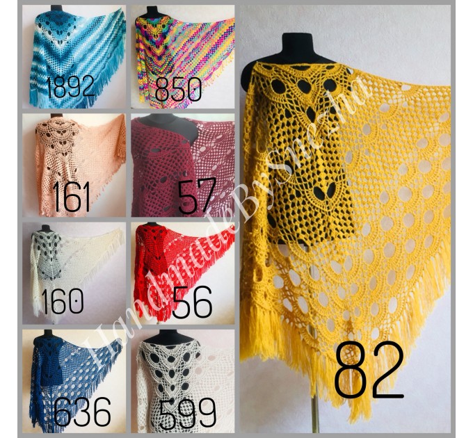 Mustard Crochet Shawl Wraps Triangle Fringe 50 COLORS Granny Shawl Long Handknit Woman Bohemian Festi Hand Knit Large Mohair Oversize Cape