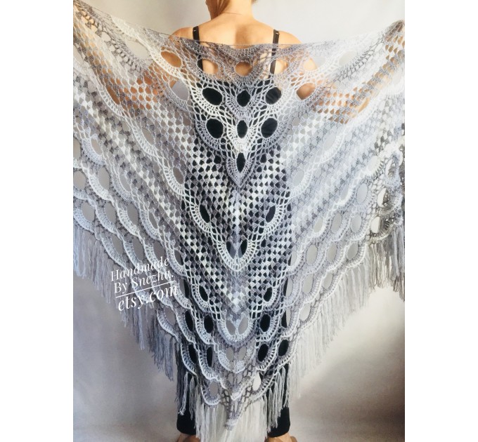  Crochet Shawl Wrap Fringe, Plus Size Festival Clothing Poncho Women, Mohair Big Prayer Gift for Her, Hand Knit Alpaca Scarf Granny Square,  Shawl / Wraps  7