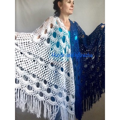 Navy Blue White COTTON Crochet SHAWL Granny Square Bridesmaid Wraps Custom Color Fringe Summer Lace Shawl Hand Knit Triangle Flower Black