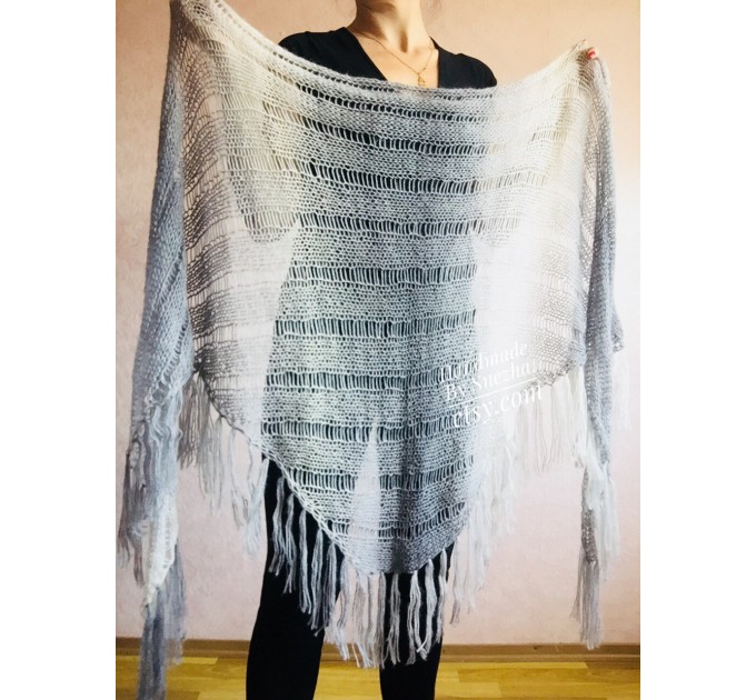  Hand Knit Shawl Triangle Wrap Fringe Alpaca White Big size Scarf Gradient Shawl Mohair Gray Handknit Woman Bohemian Shawl Black Granny  Shawl / Wraps  1