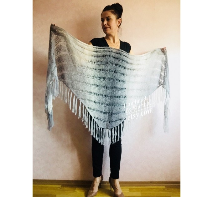  Hand Knit Shawl Triangle Wrap Fringe Alpaca White Big size Scarf Gradient Shawl Mohair Gray Handknit Woman Bohemian Shawl Black Granny  Shawl / Wraps  2