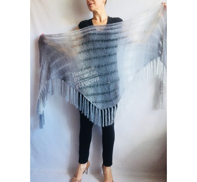  Hand Knit Shawl Triangle Wrap Fringe Alpaca White Big size Scarf Gradient Shawl Mohair Gray Handknit Woman Bohemian Shawl Black Granny  Shawl / Wraps  6