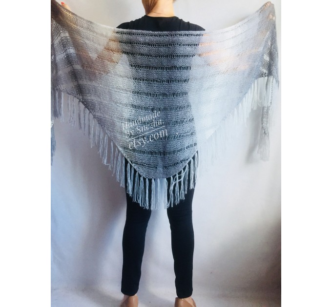  Hand Knit Shawl Triangle Wrap Fringe Alpaca White Big size Scarf Gradient Shawl Mohair Gray Handknit Woman Bohemian Shawl Black Granny  Shawl / Wraps  7