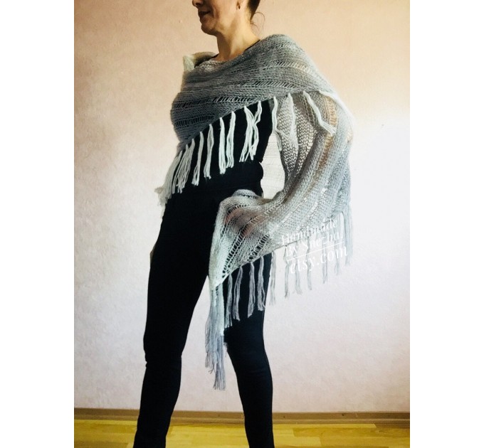  Hand Knit Shawl Triangle Wrap Fringe Alpaca White Big size Scarf Gradient Shawl Mohair Gray Handknit Woman Bohemian Shawl Black Granny  Shawl / Wraps  8