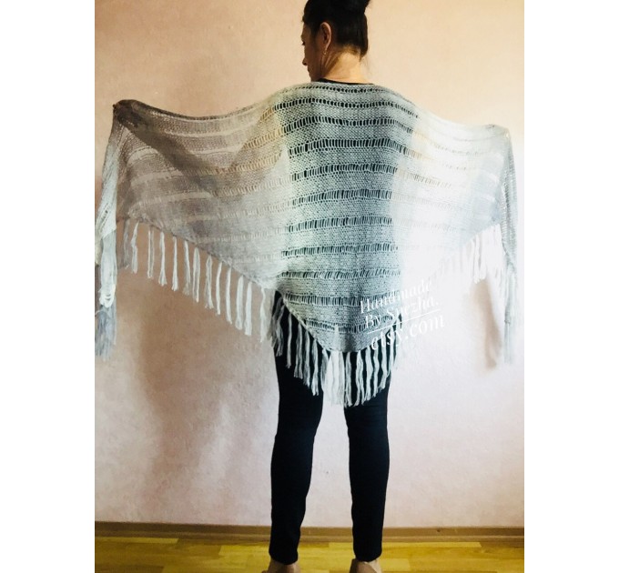  Hand Knit Shawl Triangle Wrap Fringe Alpaca White Big size Scarf Gradient Shawl Mohair Gray Handknit Woman Bohemian Shawl Black Granny  Shawl / Wraps  9