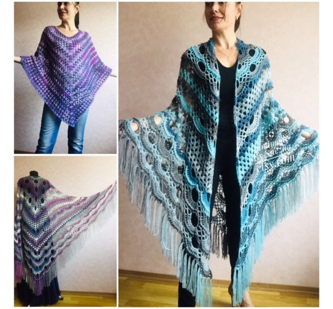  Shawl pin brooch Crochet Poncho Women Fringe large Boho Hand Knit white-purple Granny Square Mohair Big Size Maxi Triangle Shawl Blue Alpaca  Shawl / Wraps  