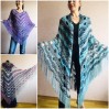 Shawl pin brooch Crochet Poncho Women Fringe large Boho Hand Knit white-purple Granny Square Mohair Big Size Maxi Triangle Shawl Blue Alpaca