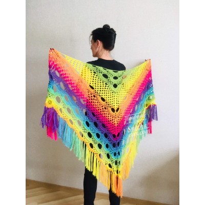 Crochet triangle scarf women fringe, Festival shawl pin gift brooch, Wool lace evening wrap Hand knit Rainbow Gypsy oversized large hippie