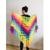 Crochet triangle scarf women fringe, Festival shawl pin gift brooch, Wool lace evening wrap Hand knit Rainbow Gypsy oversized large hippie