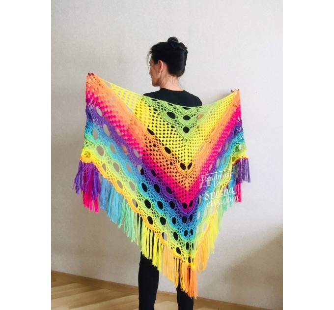  Crochet triangle scarf women fringe, Festival shawl pin gift brooch, Wool lace evening wrap Hand knit Rainbow Gypsy oversized large hippie  Shawl / Wraps  1