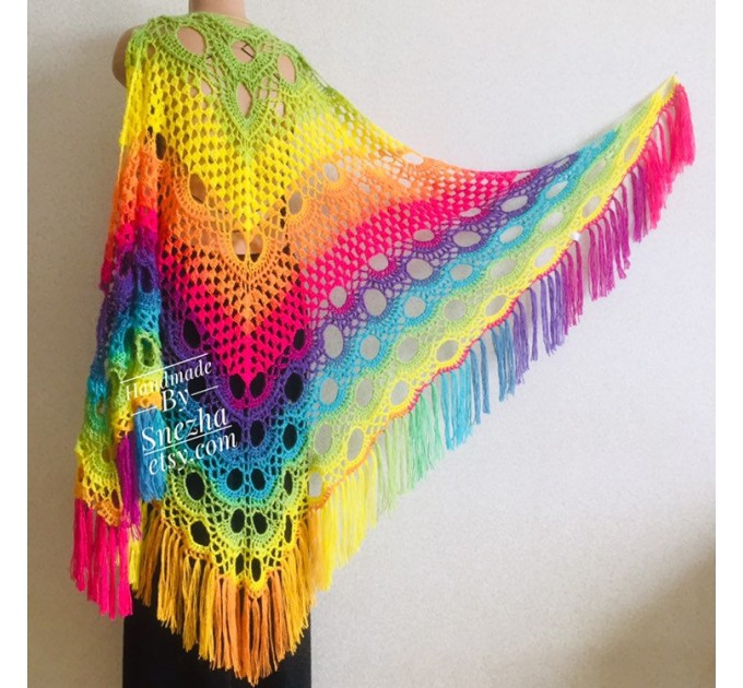  Crochet triangle scarf women fringe, Festival shawl pin gift brooch, Wool lace evening wrap Hand knit Rainbow Gypsy oversized large hippie  Shawl / Wraps  2