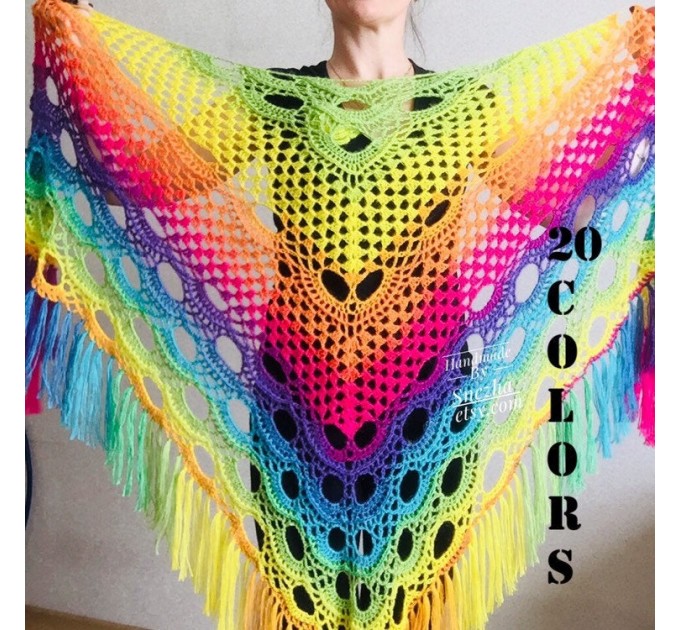  Crochet triangle scarf women fringe, Festival shawl pin gift brooch, Wool lace evening wrap Hand knit Rainbow Gypsy oversized large hippie  Shawl / Wraps  3