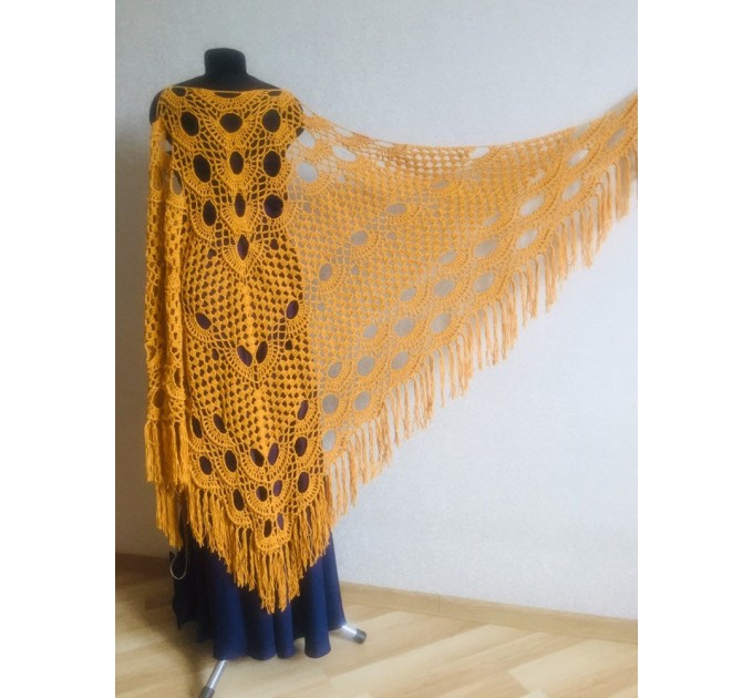  Mustard crochet shawl with fringe Big size cotton knitted  Shawl / Wraps  