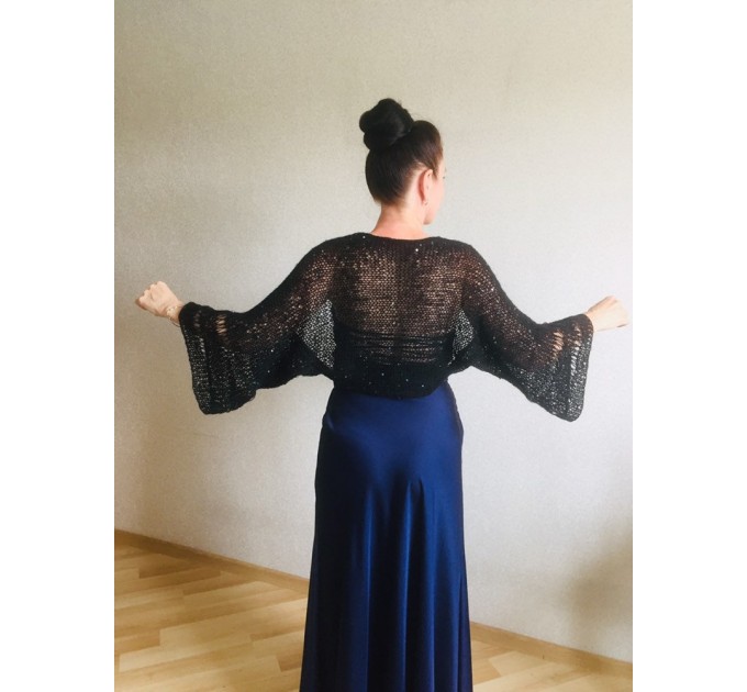  Bolero Shrug Black Lace Hand Knit Summer Plus Size Jacket Blue Mohair Bridal Bolero with Sleeves Knit Cardigan Bridesmaid Short Sleeve Shrug  Bolero / Shrug  