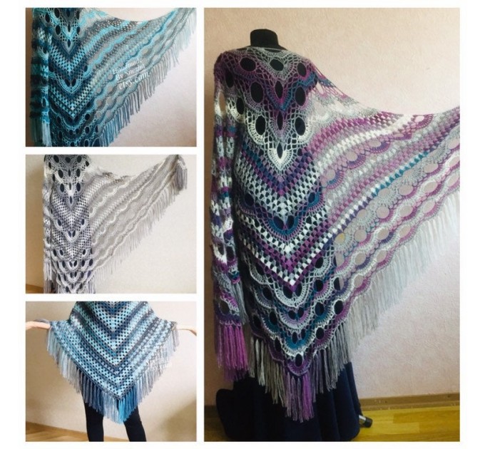  Crochet Poncho Women Fringe Mohair Big Size Maxi Triangle Shawl Gradient Blue Alpaca Long Hand knit Bohemian Festi Hand Knit Shawl  Shawl / Wraps  