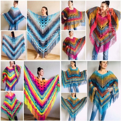 Crochet Shawl Poncho Women Plus Size Festival Pride Vegan Clothing Fringe, Rainbow Hippie Hand Knit Gypsy Shawl Multicolor Large3XL 2XL BLUE