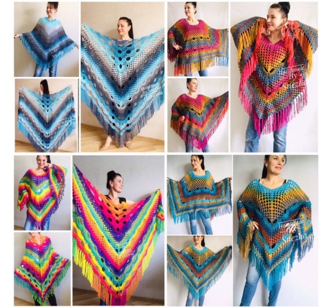  Crochet Shawl Poncho Women Plus Size Festival Pride Vegan Clothing Fringe, Rainbow Hippie Hand Knit Gypsy Shawl Multicolor Large3XL 2XL BLUE  Shawl / Wraps  