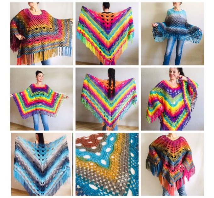  Crochet Shawl Poncho Women Plus Size Festival Pride Vegan Clothing Fringe, Rainbow Hippie Hand Knit Gypsy Shawl Multicolor Large3XL 2XL BLUE  Shawl / Wraps  7