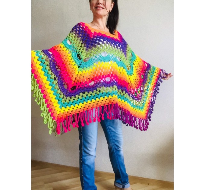  Crochet Shawl Poncho Women Plus Size Festival Pride Vegan Clothing Fringe, Rainbow Hippie Hand Knit Gypsy Shawl Multicolor Large3XL 2XL BLUE  Shawl / Wraps  8