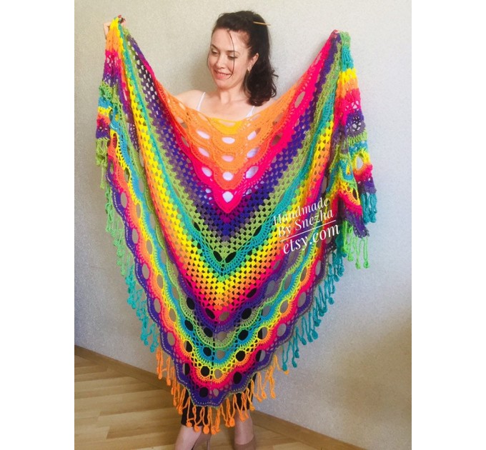 Crochet Shawl Poncho Women Plus Size Festival Pride Vegan Clothing Fringe, Rainbow Hippie Hand Knit Gypsy Shawl Multicolor Large3XL 2XL BLUE