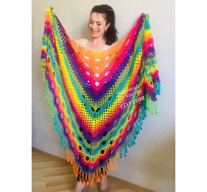  Crochet Shawl Poncho Women Plus Size Festival Pride Vegan Clothing Fringe, Rainbow Hippie Hand Knit Gypsy Shawl Multicolor Large3XL 2XL BLUE  Shawl / Wraps  9