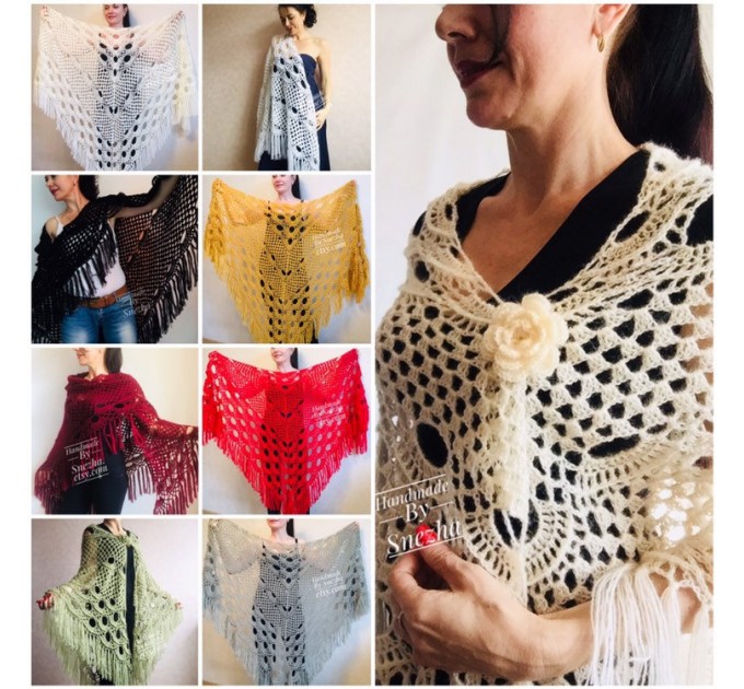 Winter wedding shawl fringe Ivory bridesmaid shawl Blue boho rustic wedding cape White bridal outlander shawl pin brooch Crochet mohair wrap