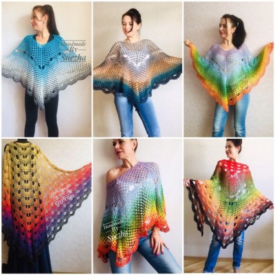 Crochet Poncho Women Cotton Boho Shawl Big Size Vintage Rainbow Knit Cape Hippie Gift for Her Bohemian Vibrant Colors Boat Neck