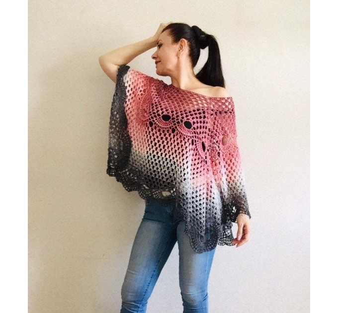  Crochet Poncho Women Cotton Boho Shawl Big Size Vintage Rainbow Knit Cape Hippie Gift for Her Bohemian Vibrant Colors Boat Neck  Poncho  2