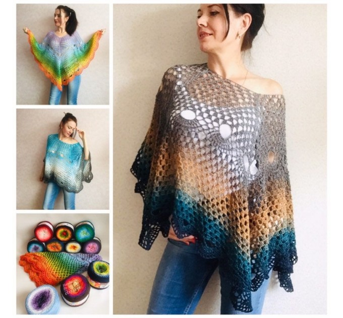  Crochet Poncho Women Cotton Boho Shawl Big Size Vintage Rainbow Knit Cape Hippie Gift for Her Bohemian Vibrant Colors Boat Neck  Poncho  3