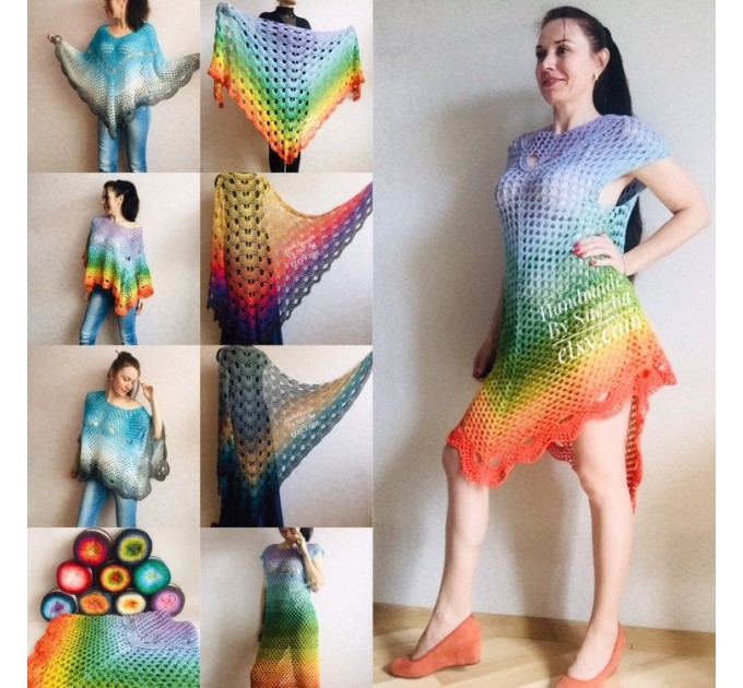  Crochet Poncho Women Cotton Boho Shawl Big Size Vintage Rainbow Knit Cape Hippie Gift for Her Bohemian Vibrant Colors Boat Neck  Poncho  7