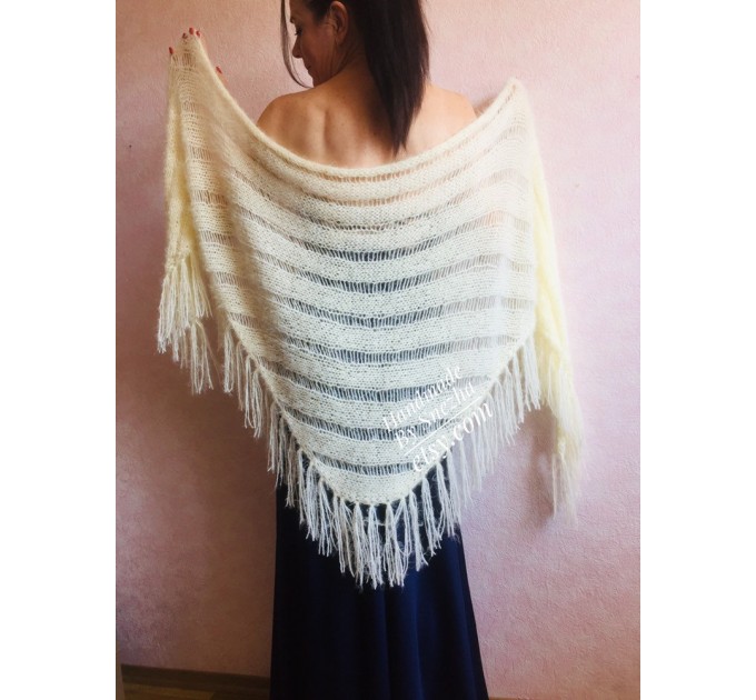  Ivory bridesmaid shawl fringe, Triangle crochet outlander hand knit scarf Faux fur wrap stole, Mother of groom gift Rustic bridal lace shawl  Shawl / Wraps  9