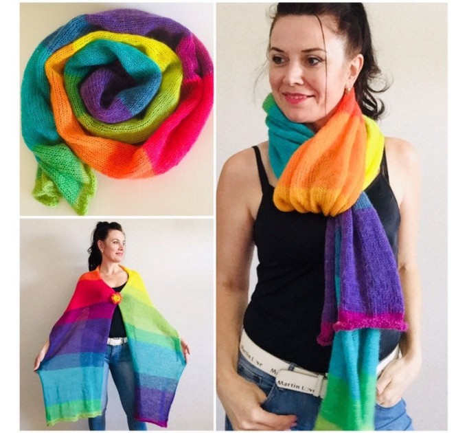  Rainbow Mohair scarf women, Knitted long striped winter scarf men, Lace Gradient shawl wraps mohair, Floral light oversized scarf   Mohair / Alpaca  