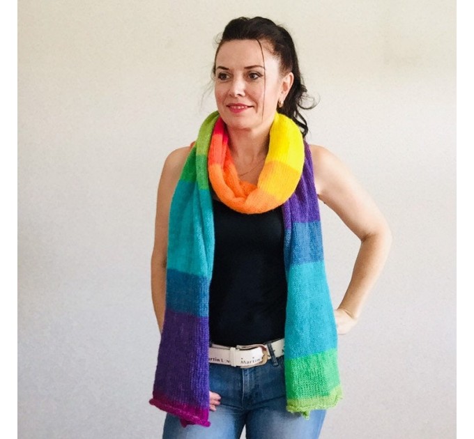  Rainbow Mohair scarf women, Knitted long striped winter scarf men, Lace Gradient shawl wraps mohair, Floral light oversized scarf   Mohair / Alpaca  2