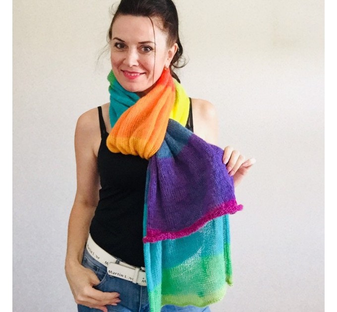 Rainbow Knit scarf women, Wool Long striped Mohair winter scarf men, Lace  Gradient shawl wraps, Oversized